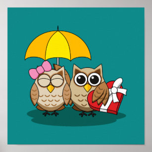 Cute Owl Lovers w/ Umbrella & Red Chocolate Box Poster
