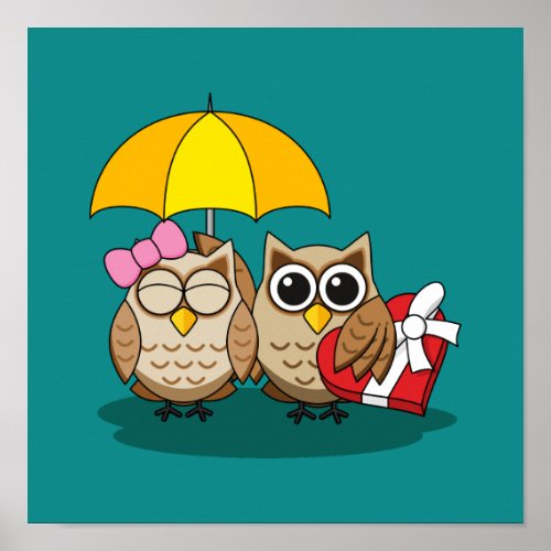 Cute Owl Lovers w Umbrella  Red Chocolate Box Poster