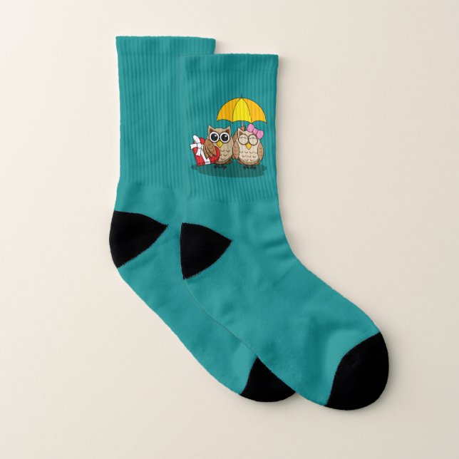 Cute Owl Lovers w/ Umbrella & Red Chocolate Box Socks (Pair)