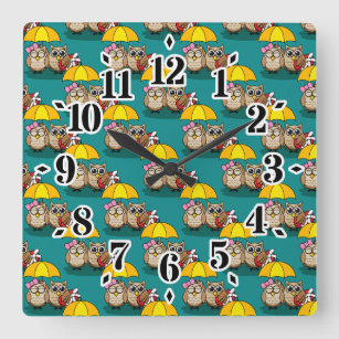 Cute Owl Lovers w/ Umbrella & Red Chocolate Box Square Wall Clock