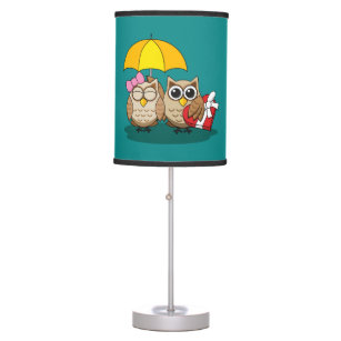 Cute Owl Lovers w/ Umbrella & Red Chocolate Box Table Lamp