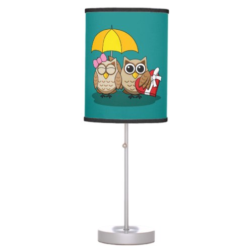 Cute Owl Lovers w Umbrella  Red Chocolate Box Table Lamp