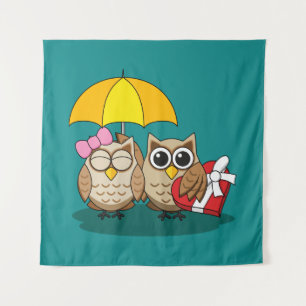Cute Owl Lovers w/ Umbrella & Red Chocolate Box Tapestry