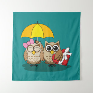 Cute Owl Lovers w/ Umbrella & Red Chocolate Box Tapestry