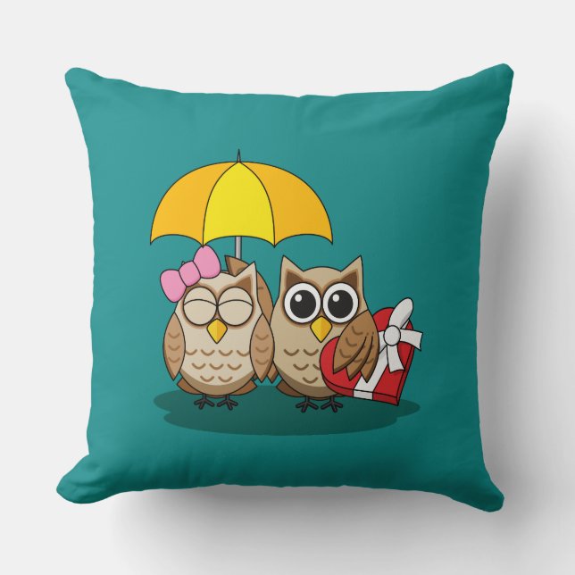 Cute Owl Lovers w/ Umbrella & Red Chocolate Box Throw Pillow (Front)