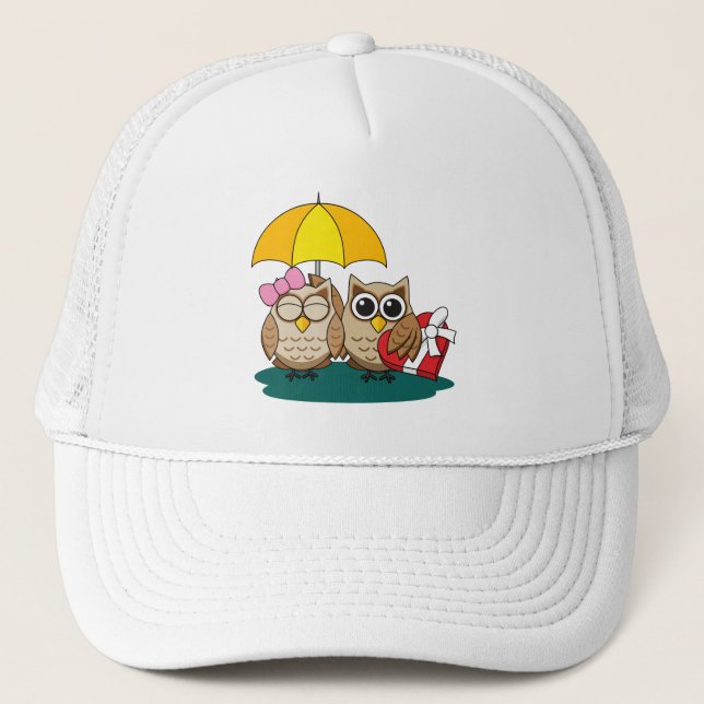 Cute Owl Lovers w/ Umbrella & Red Chocolate Box Trucker Hat (Front)