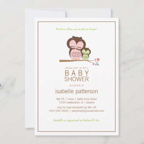 Cute Owl &amp; Mama Neutral Baby Shower Invitation
