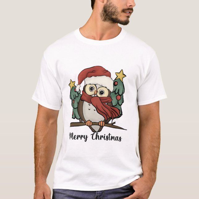 Cute Owl Merry Christmas  T-Shirt (Front)