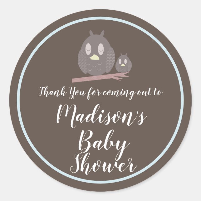 Cute Owl Mom and Baby Shower or Reveal Thank You Classic Round Sticker (Front)