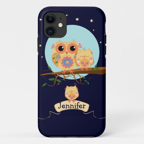 Cute Owl Mom with Baby  custom name iPhone 11 Case