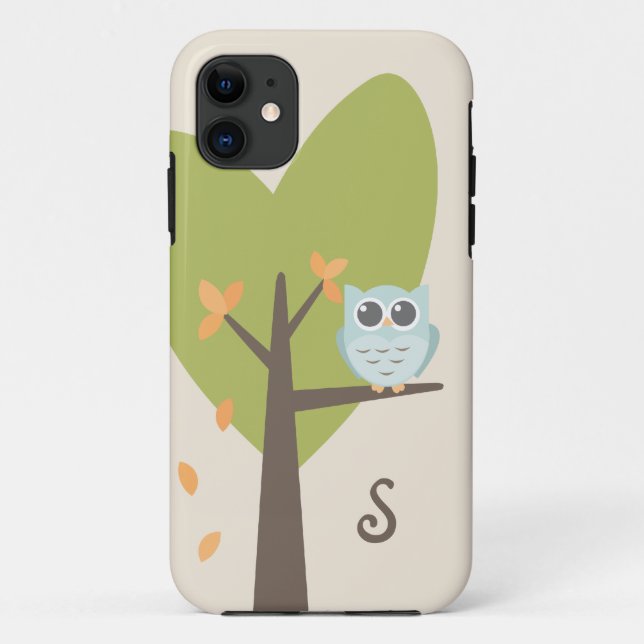 Cute Owl Monogram Tree Branch Leaves Monogrammed Case-Mate iPhone Case (Back)