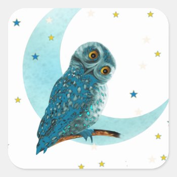 Cute Owl  Moon And Stars Square Sticker by AutumnRoseMDS at Zazzle