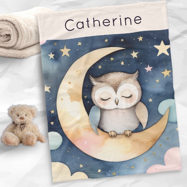 Cute Owl Moon Stars Night Sky Personalized Fleece Blanket (A fleece blanket with personalized name, and watercolor-style picture of a cute owl, moon and stars)