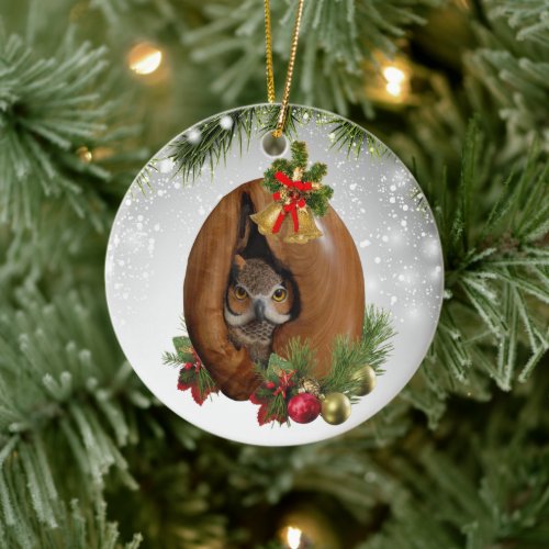 Cute Owl Nest woodland Christmas 2022 wildlife Ceramic Ornament