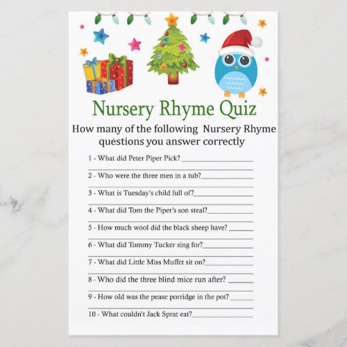 Cute Owl Nursery Rhyme Quiz baby shower game