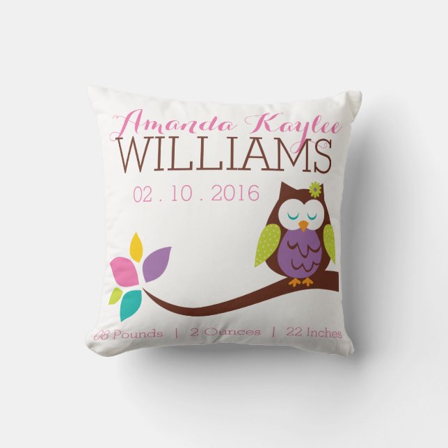 Cute OWL on a branch Baby Birth Announcement Throw Pillow (Front)
