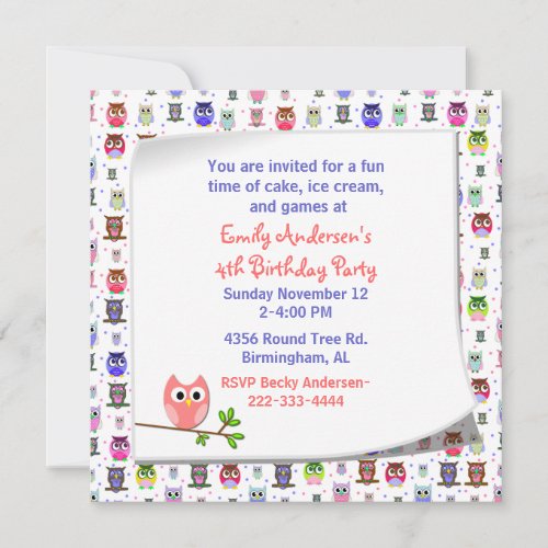 Cute Owl on a Branch Birthday Invitation