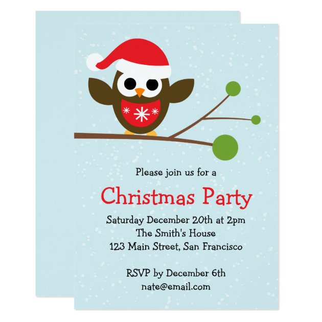 Cute Owl On A Branch - Christmas Party Invitation