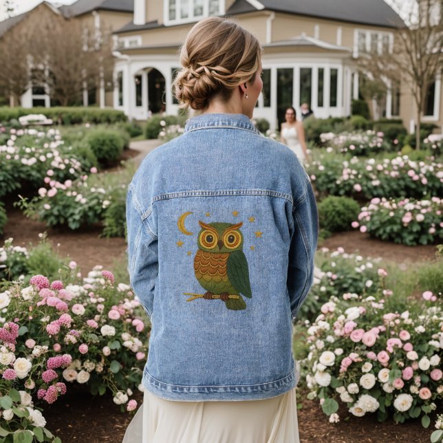 Cute Owl on a Branch Embroidered Look Unisex Denim Jacket (Wedding Back)