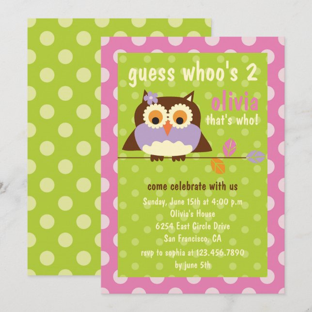 Cute Owl on a Branch Polka Dots Birthday Party Invitation (Front/Back)