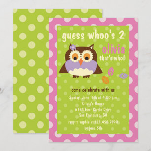 Cute Owl on a Branch Polka Dots Birthday Party Invitation