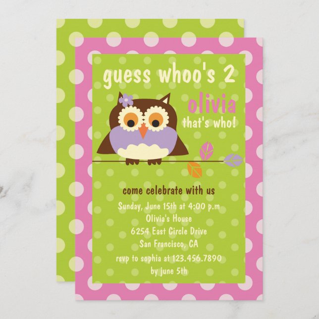 Cute Owl on a Branch Polka Dots Birthday Party Invitation (Front/Back)