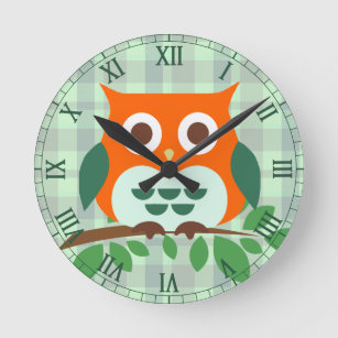 Cute Owl on a Branch Roman Numbers Round Clock