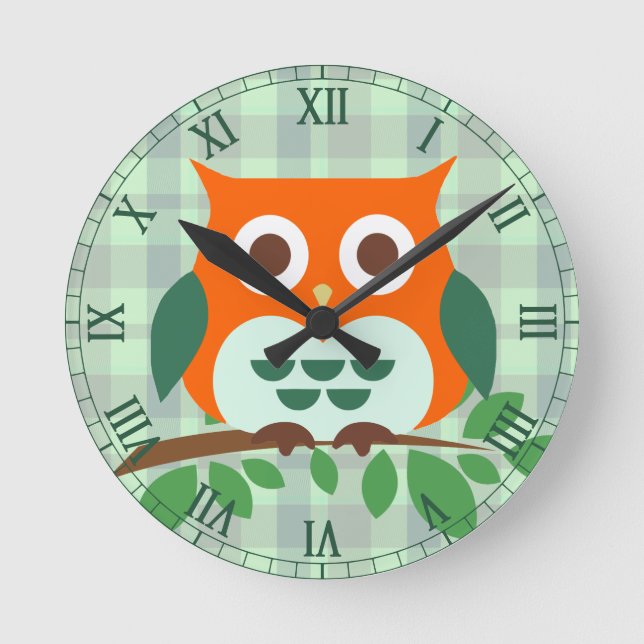 Cute Owl on a Branch Roman Numbers Round Clock (Front)