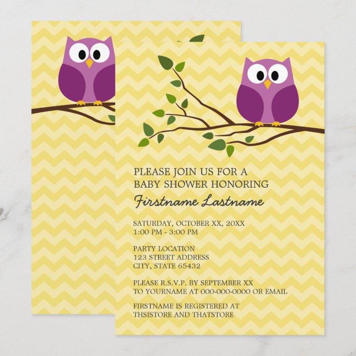 Cute Owl on Branch and chevrons Baby Girl Shower Invitation Zazzle
