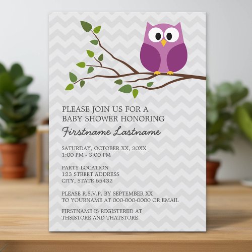 Cute Owl on Branch and chevrons Baby Girl Shower Personalized Invitation