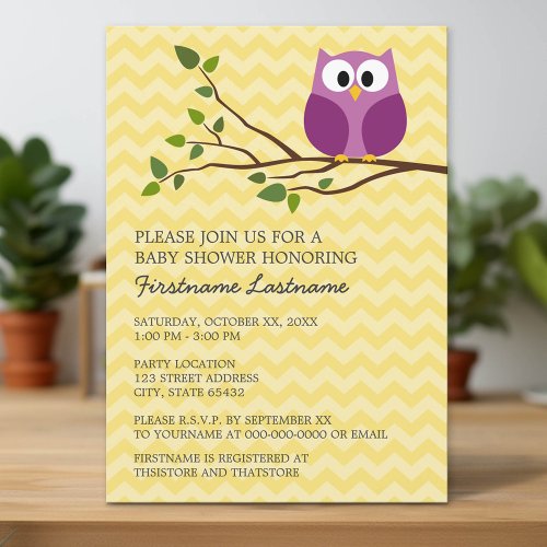 Cute Owl on Branch and chevrons Baby Girl Shower Personalized Invitation