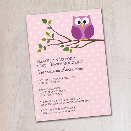 Cute Owl on Branch and polka dots Baby Girl Shower Invitations