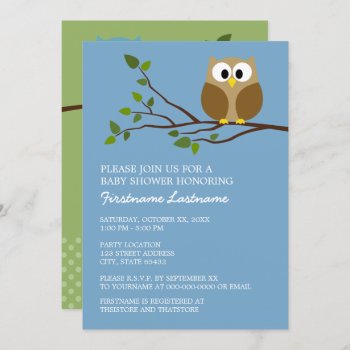 Cute Owl On Branch Baby Boy Shower Invitation by MarshBaby at Zazzle