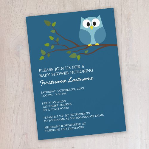 Cute Owl on Branch Baby Boy Shower Custom Invitations
