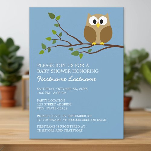 Cute Owl on Branch Baby Boy Shower Custom Invites