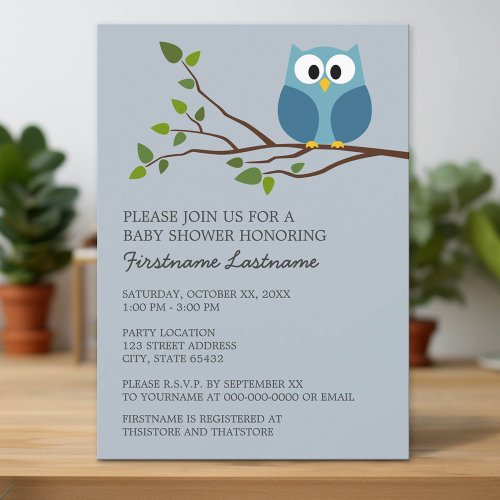 Cute Owl on Branch Baby Boy Shower Custom Announcements