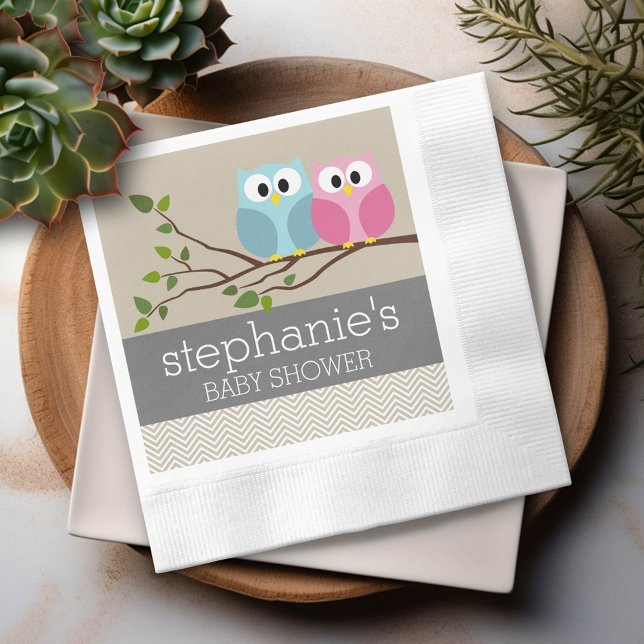 Cute Owl on Branch Baby Girl or Boy Shower Napkins (Custom Party Napkins)