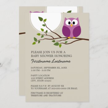 Cute Owl On Branch Baby Girl Shower Invitation by MarshBaby at Zazzle
