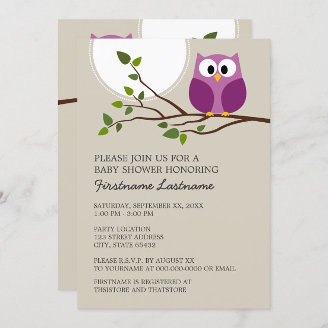 Cute Owl on Branch Baby Girl Shower Invitation (Front/Back)