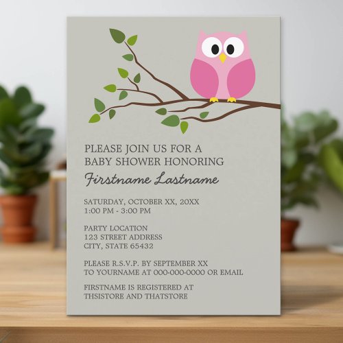 Cute Owl on Branch Baby Girl Shower Custom Invite