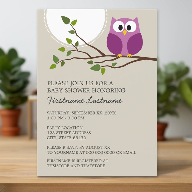 Cute Owl on Branch Baby Girl Shower Invitation (Custom Invitation with Download Option)
