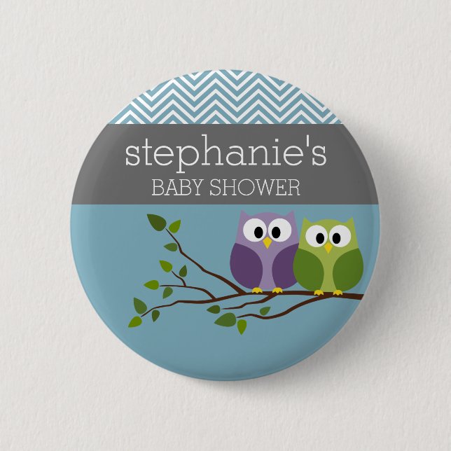 Cute Owl on Branch - Blue Baby Boy Shower Button (Front)