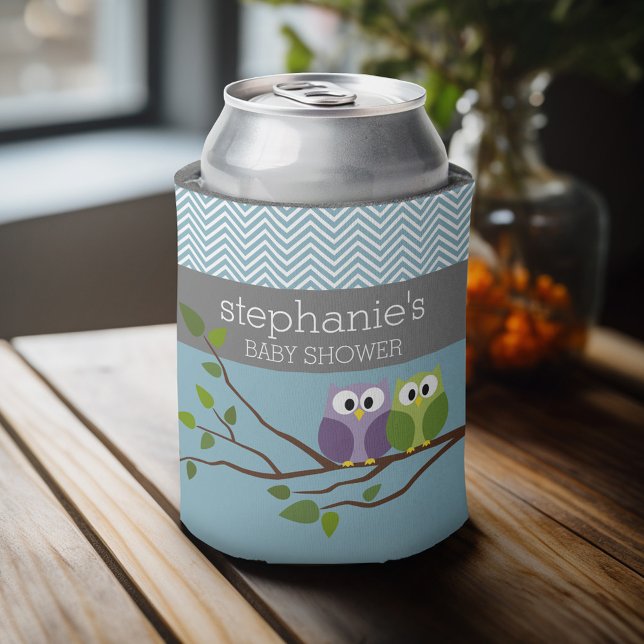 Cute Owl on Branch - Blue Baby Boy Shower Can Cooler (Personalized Can Cooler - Add Custom Text or Name)