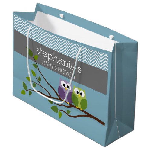 Cute Owl on Branch _ Blue Baby Boy Shower Large Gift Bag