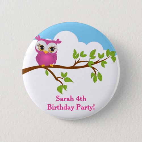 Cute Owl on Branch Girl Birthday Button