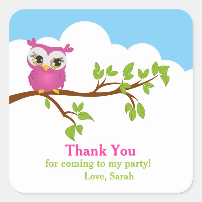 Cute Owl on Branch Girl Birthday Thank You Sticker (Front)