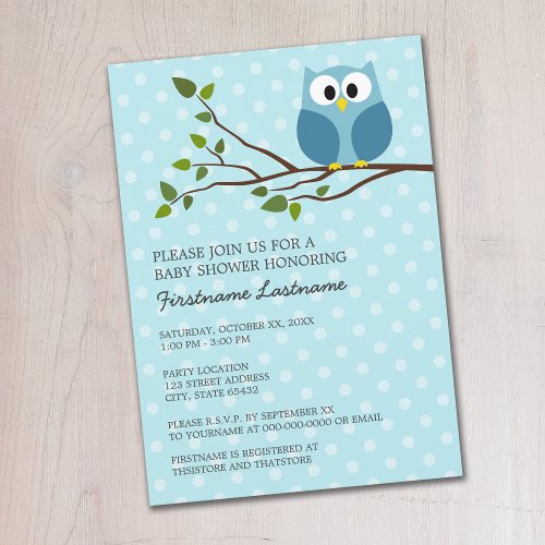 Cute Owl on Branch Light Blue Baby Boy Shower Invitation