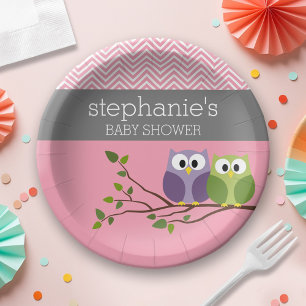 Cute Owl on Branch - Pink Baby Girl Shower Paper Plates