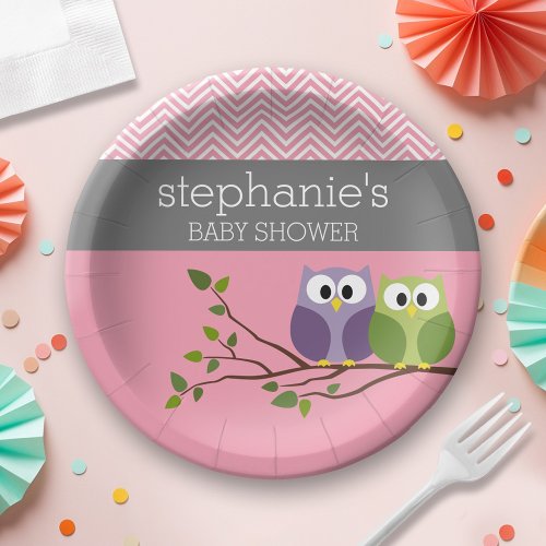 Cute Owl on Branch _ Pink Baby Girl Shower Paper Plates