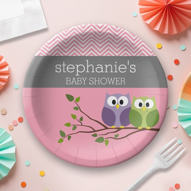 Cute Owl on Branch - Pink Baby Girl Shower Paper Plates (Personalized Baby Shower Plates - Cute Woodland Owl)